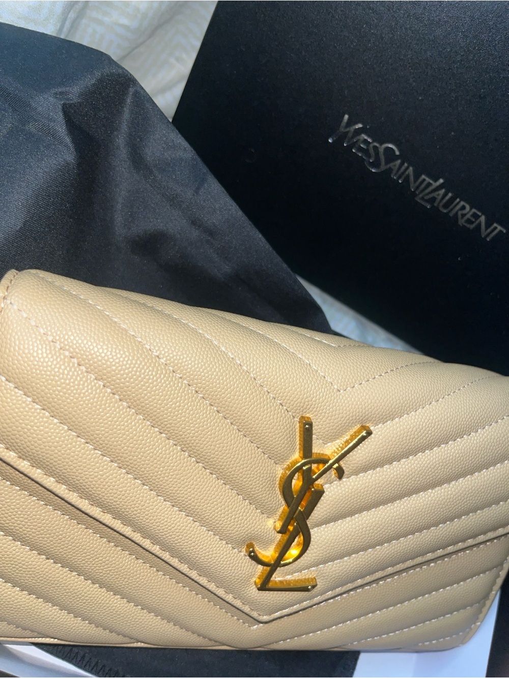 Saint Laurent Beige Quilted Leather Crossbody with Gold YSL Logo